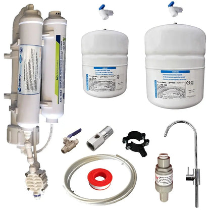 Sentry Water Filters ROI compact in-line filtration system complete installation kit image with x1 2L and x1 
 5L reverse osmosis pressurised water tanks