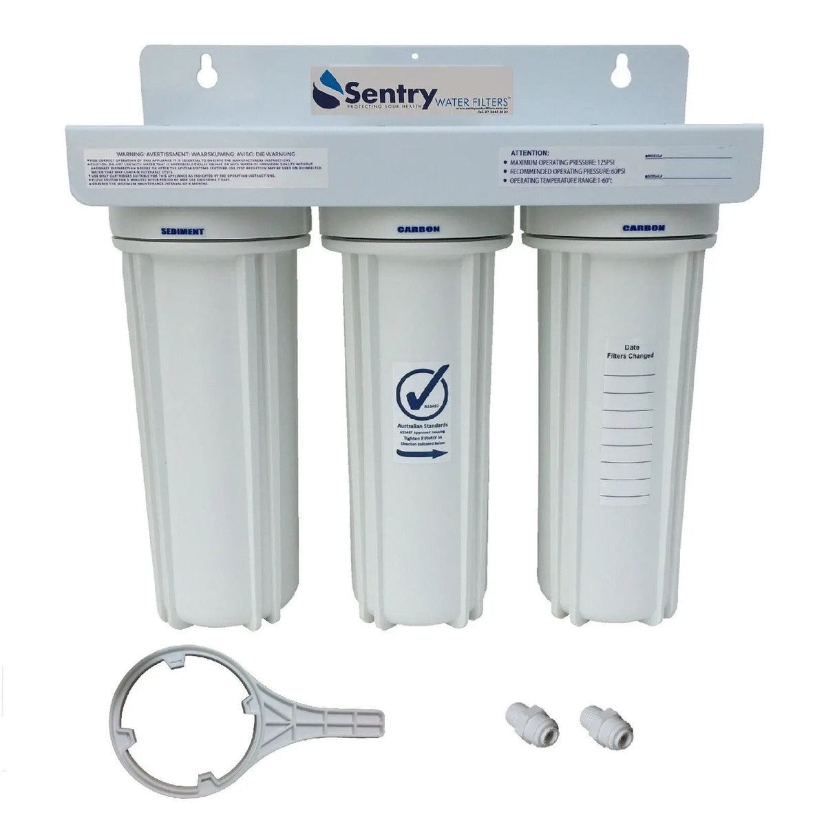 Triple Under Sink Housing Water Filter Housings + QF + SPANNER + NO FILTERS US-3