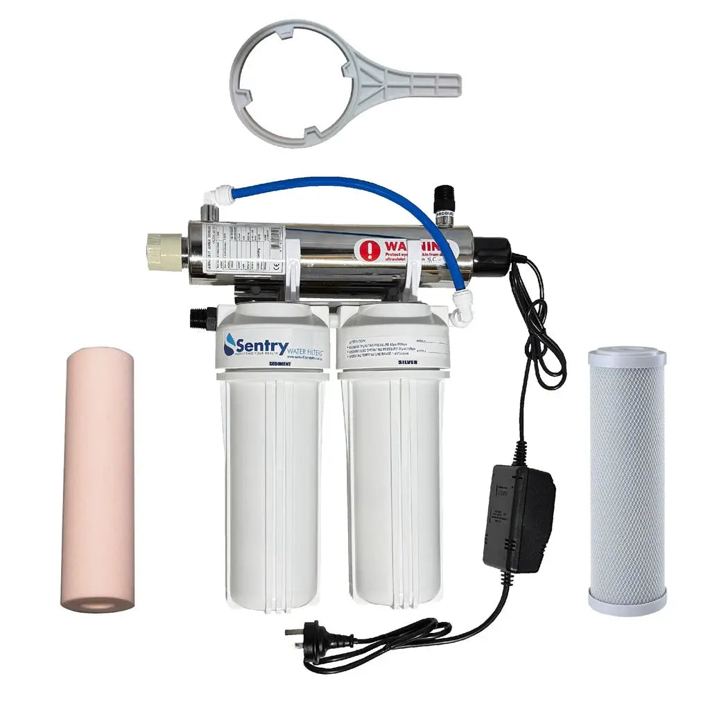 Sentry Water Filters direct flow 14w UV ultra violet tank water sterilising system with non-watermark housings complete with opening spanner and pre-filters
