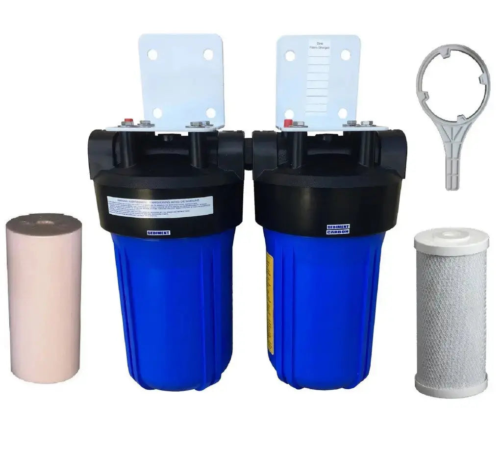 Big Blue 10 Inch Twin Water Filter With Spun Sediment And Carbon Block White Bracket 10x4.5 Sentry 