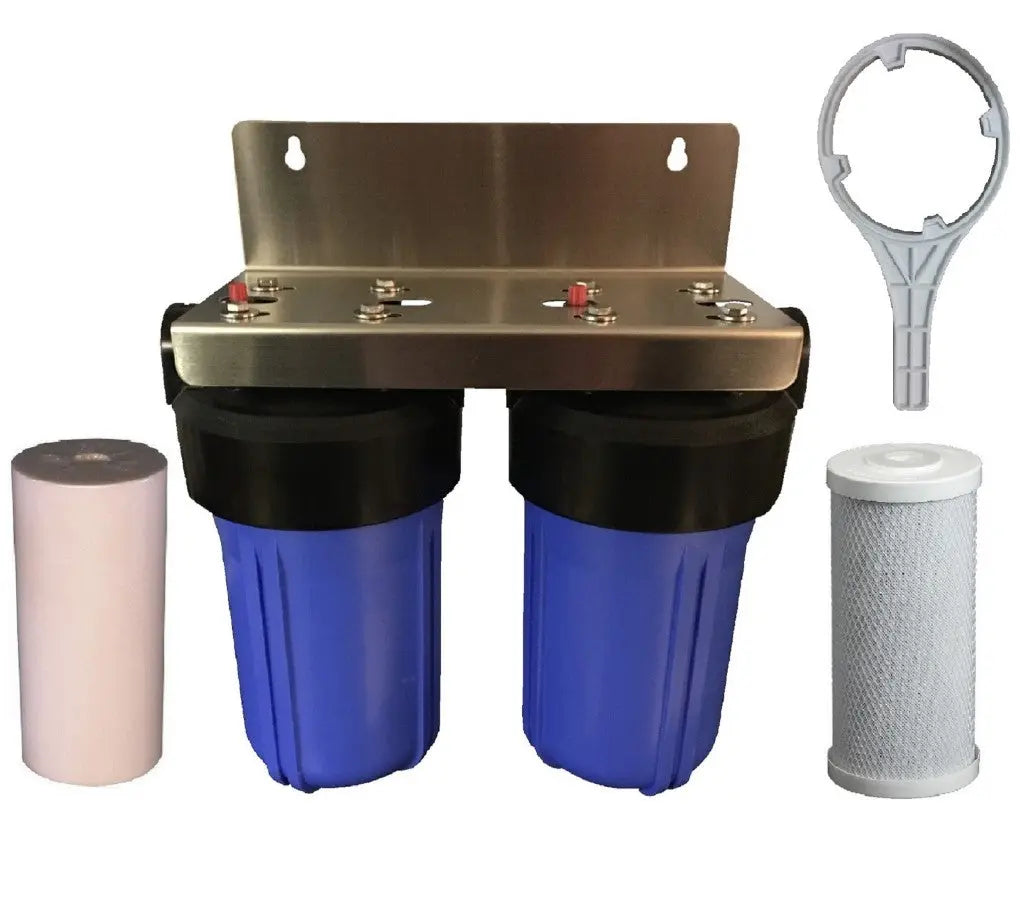 Big Blue 1o Inch 10x4.5 Tank Twin Water Filter With Spun Sediment and Carbon And Spanner Stainless Bracket