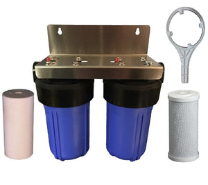 Big Blue 1o Inch 10x4.5 Tank Twin Water Filter With Spun Sediment and Carbon And Spanner Stainless Bracket