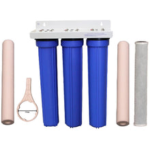 Load image into Gallery viewer, Big Blue Triple Slim Water Filters With Spun Sediment and Carbon Filters And Spanner White Bracket