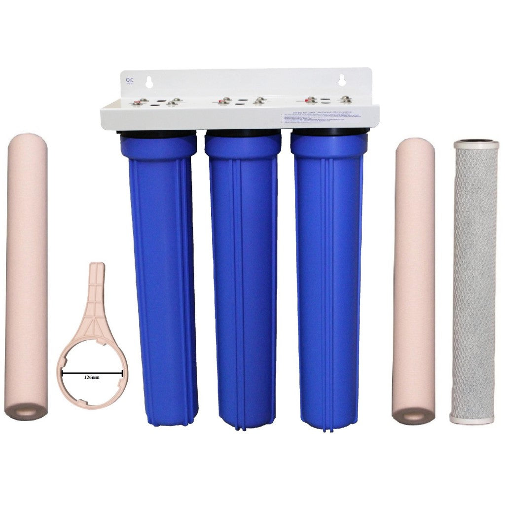 Big Blue Triple Slim Water Filters With Spun Sediment and Carbon Filters And Spanner White Bracket