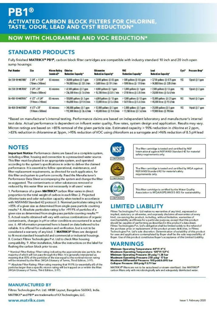 Matrikx PB activated carbon block filters for chlorine, taste, odor, lead and cyst reduction. Information page 2