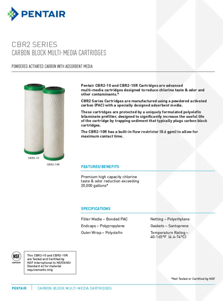 Pentair Pentek CBR2-10 series carbon block multi-media cartridges data sheet page 1