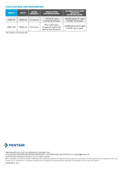 Pentair Pentek CBR2-10 carbon filters data sheet page 2