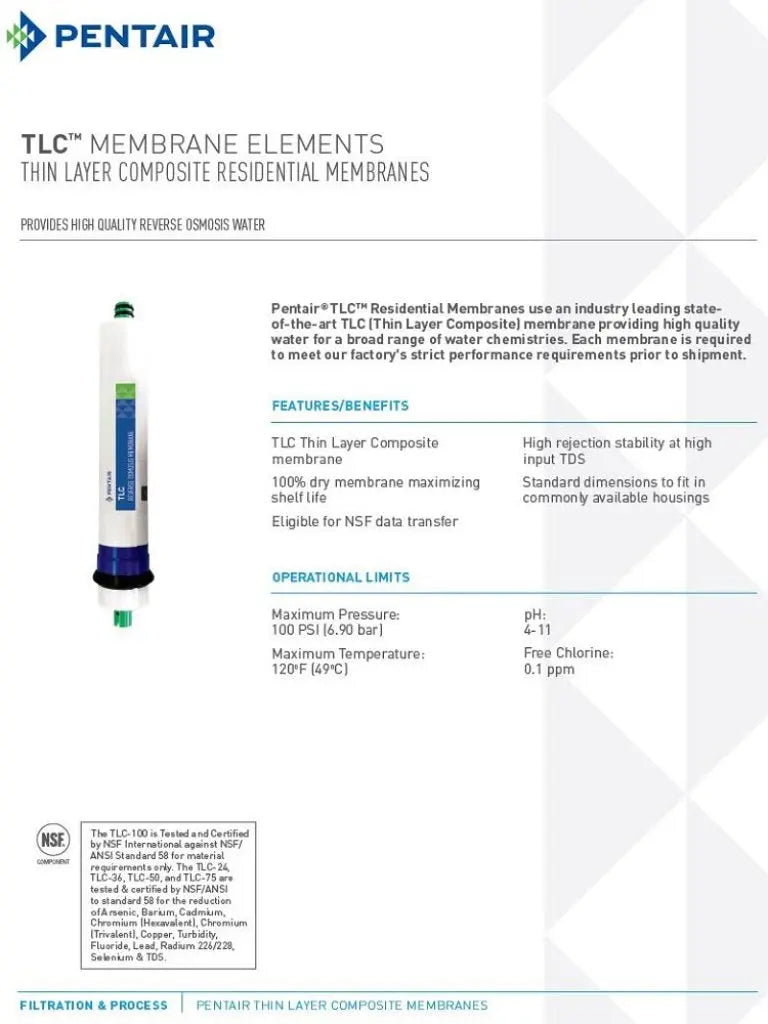 Pentek Pentair Membrane Information Sheet for the PRO 5 DJ RODI Marine Aquarium Tank Reverse Osmosis Water Filter