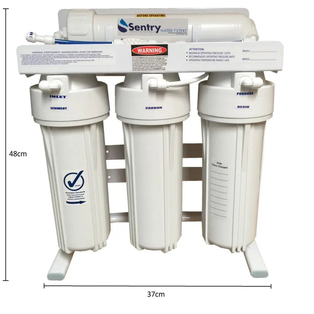 RONS4 DJ RO reverse osmosis DI water filters aquarium solid white housing dimensions 48cm in height, 37cm in width, and 16cm in depth.