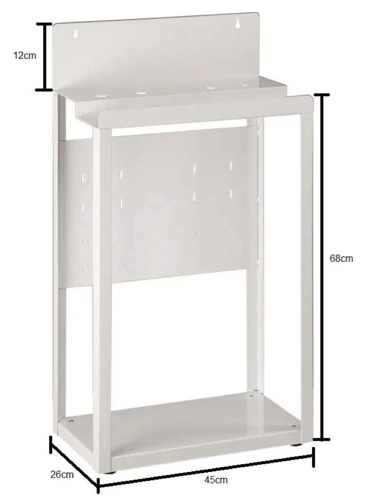 Commercial Reverse Osmosis Water Filter Stand dimensions. 68cm height (excluding 12cm tall wall mount), 45cm width, 26cm depth.
