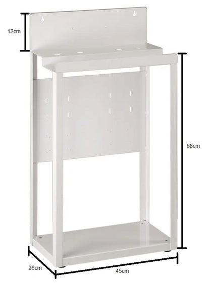 Commercial Reverse Osmosis Water Filter Stand dimensions. 68cm height (excluding 12cm tall wall mount), 45cm width, 26cm depth.