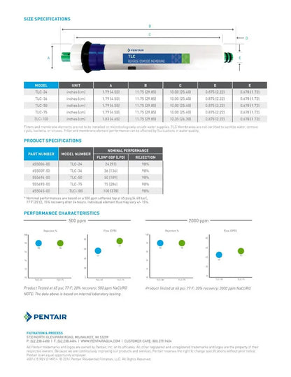 Pentek, Pentair TLC membrane 100GPD Size specification chart