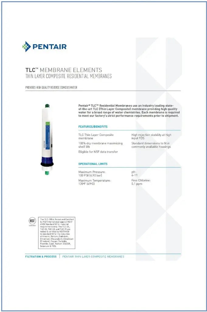 Pentair 100GPD TLC Membrane Elements Specifications
