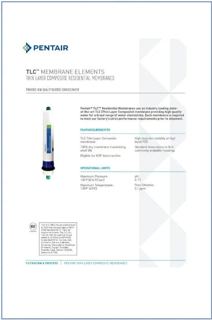 Pentair 100GPD TLC Membrane Elements Specifications