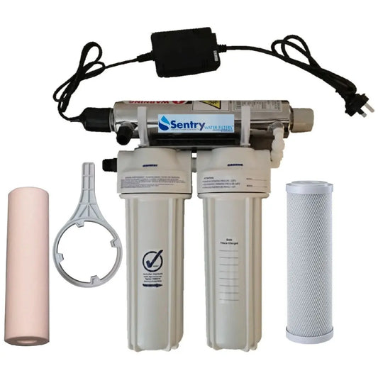 Tank full flow under sink water filter UV filter sediment carbon