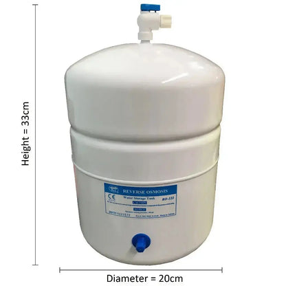 Pressurised 5 litre reverse osmosis water tank with dimensions 33cm height and 20cm diameter