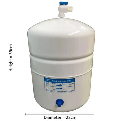 Pressurised 8 litre reverse osmosis water tank with dimensions 39cm height and 22cm diameter