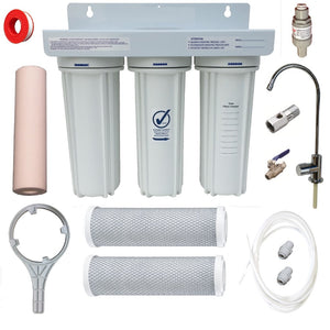 Triple undersink water filter with modern faucet tap install kit