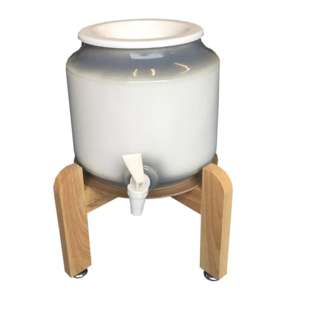 Waterworks grey, ceramic water crock with high quality wooden bench top water well stand